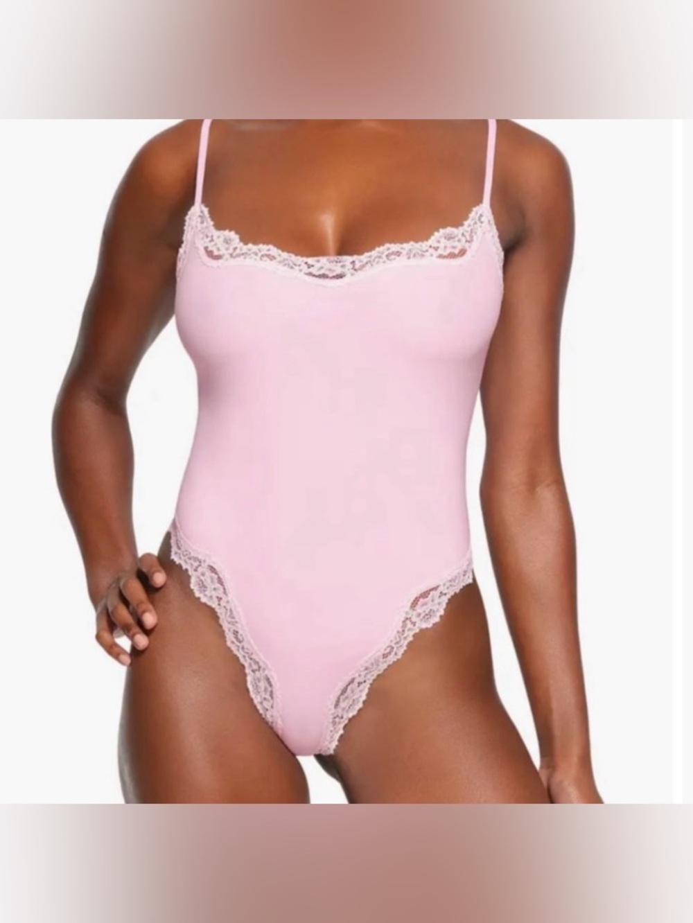 SKIMS Pink Lace-Trim Stretch Bodysuit